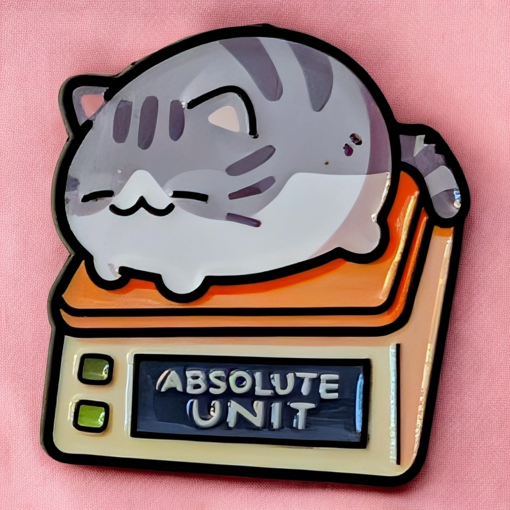Absolute Unit Cat Enamel Pin - Gray and White Kitty on a Scale
